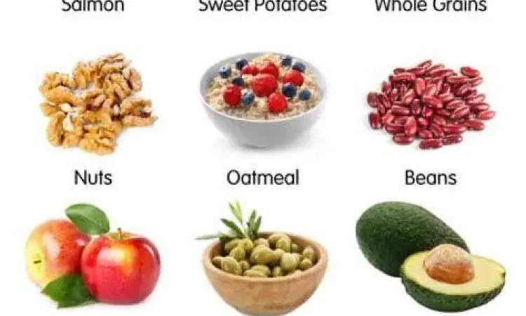 Makanan Penurun Kolesterol Berbagai jenis makanan sehat seperti alpukat, kacang-kacangan, dan ikan untuk menurunkan kolesterol