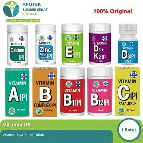 Ketersediaan IPI Vitamin E Rak apotek dengan jajaran produk vitamin IPI