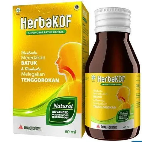 Sediaan Sirup OBH Combi Herbal Botol sirup obat batuk herbal di atas meja