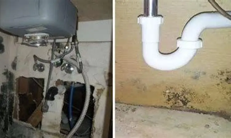 Pertumbuhan jamur hitam di bawah wastafel karena pipa bocor